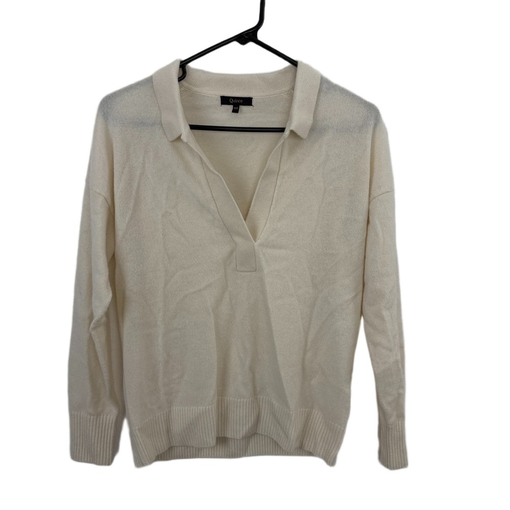 Quince Sweater Womens XS Ivory 100% Cashmere V Neck Polo Long Sleeve Pullover